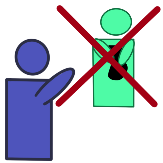 A simplistic drawing of two people. In the bottom left is a blue person who is pointing at a light green person in the top right corner. The light green person has a large red ‘X’ over them and is holding a black object. 